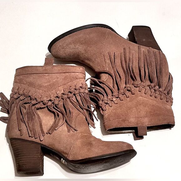 Tan Suede Fringe Ankle Booties with Stacked Heel - Picture 1 of 5
